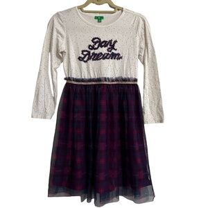 DIP Dress L 12/14 Girls White Purple Plaid Long Sleeve Polka Dot Tulle Daydream